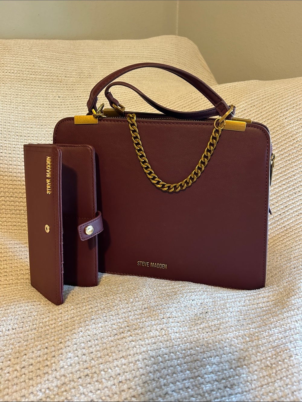 Steve Madden Burgundy Satchel with Gold Chain and Matching Wallet